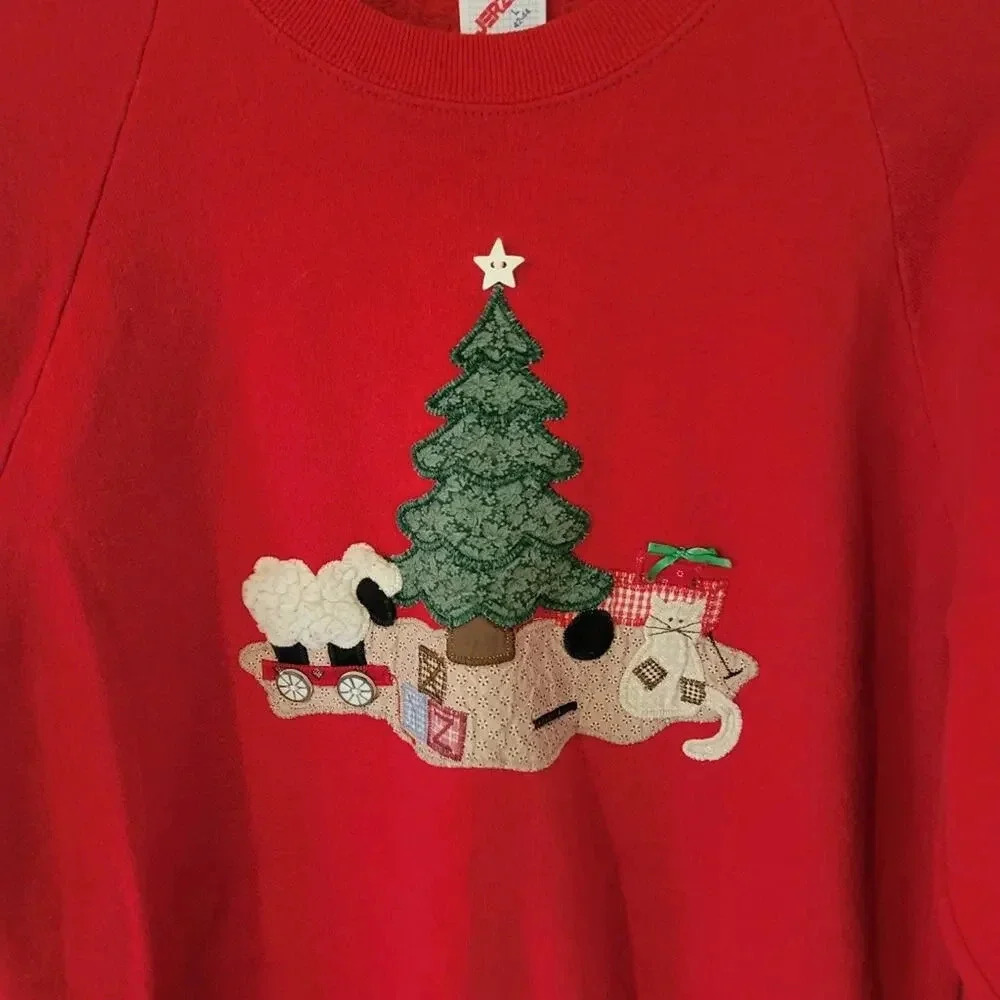 Vintage 1990s Christmas Patchwork Quilted Granny Red Sweatshirt Medium - Picture 3 of 4